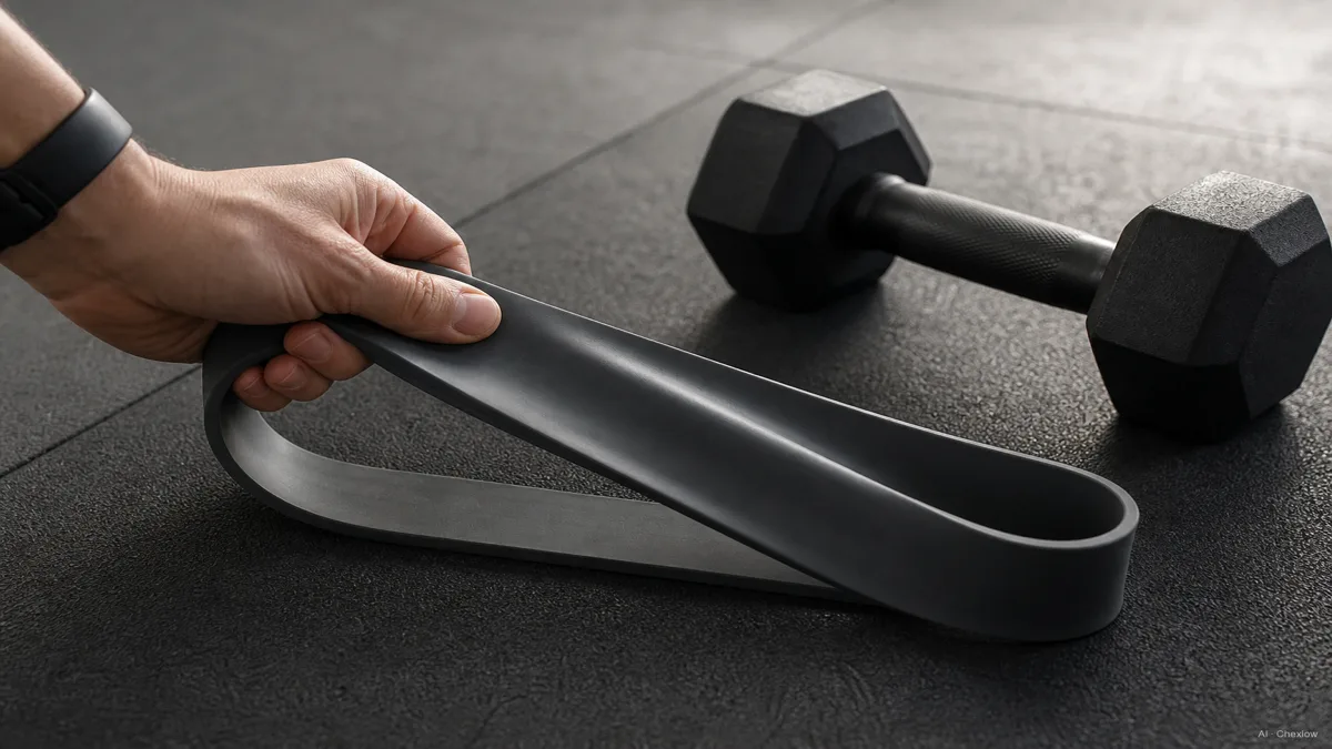 Image: Close-up of a hand testing the stretch of a thick resistance band next to a single dumbbell on a gym floor, checking quality before purchase