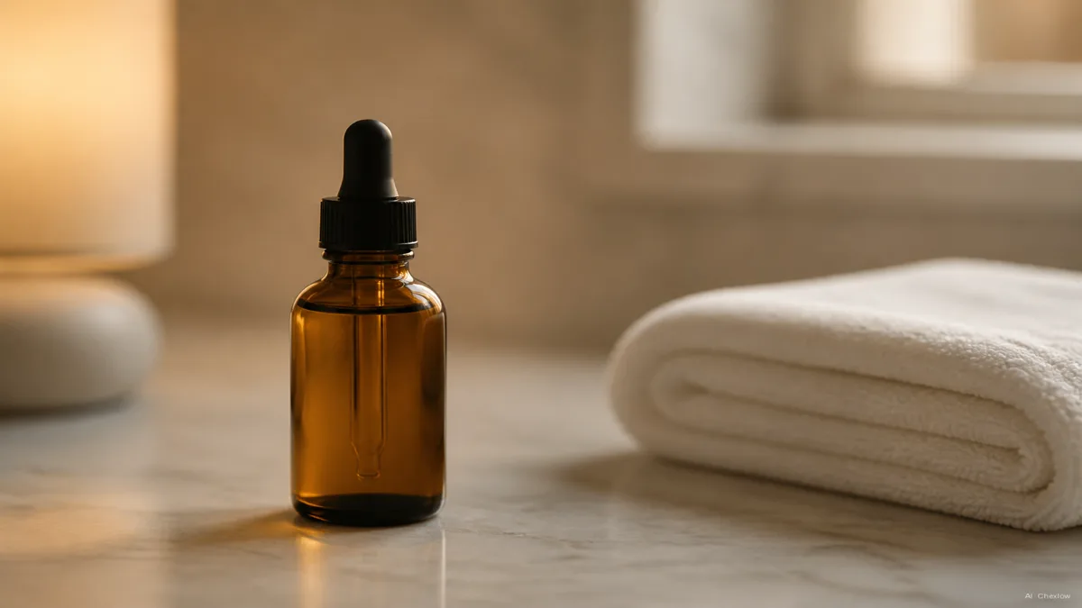 Image: A single unbranded amber glass dropper bottle of serum on a soft neutral bathroom surface beside a folded towel, warm diffused evening light, no labels or logos