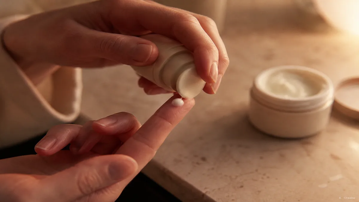 Image: A close pair of hands dispensing a small pea-sized drop of cream onto a fingertip over a bathroom counter at night, soft warm lamplight, a moisturizer jar waiting nearby, no visible brand marks