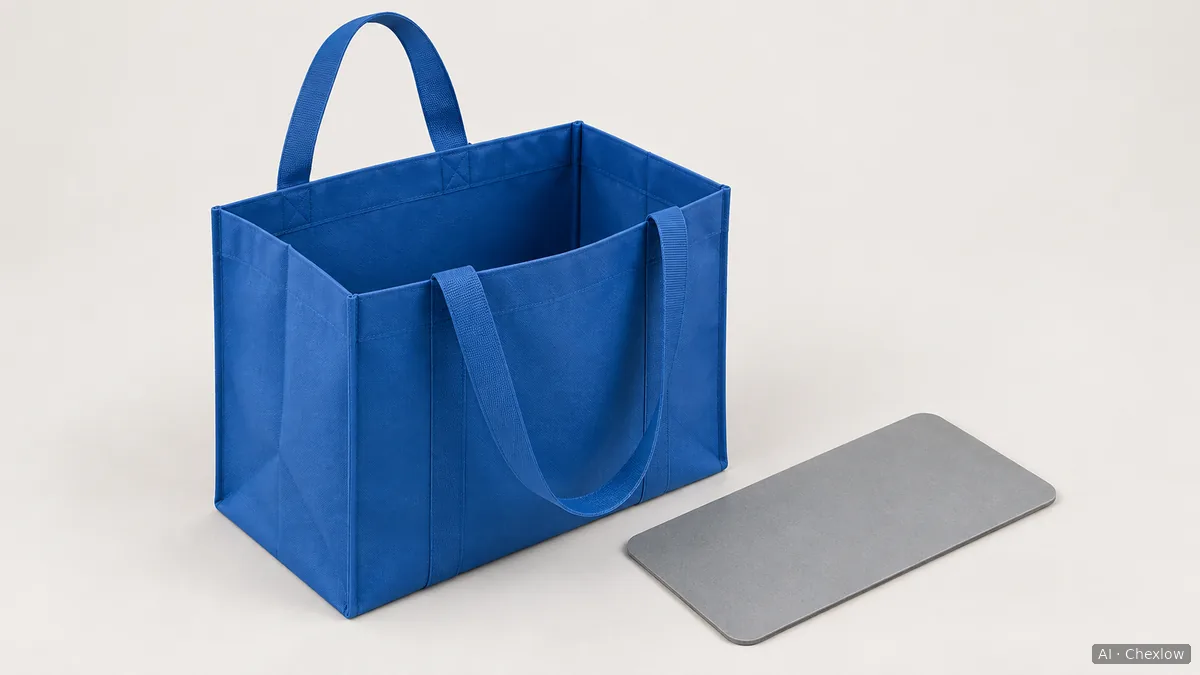 An open blue shopping bag beside a separate rectangular bottom insert on a plain surface