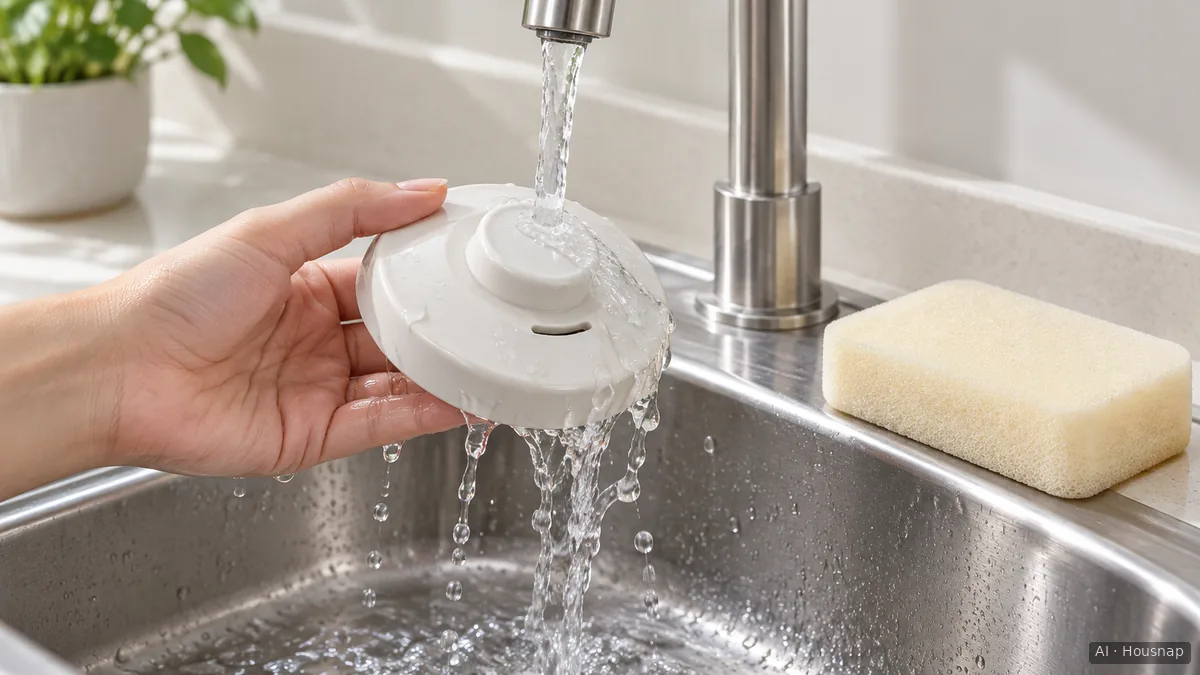 A hand rinses a detached white steam cap under running water over a sink, with a soft sponge beside it. — AI illustration