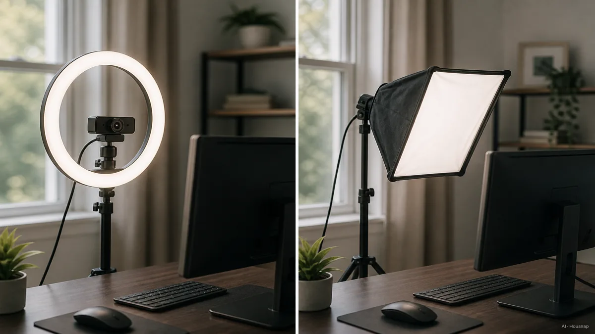 Image: split-screen comparison showing a ring light's circular halo glow around a webcam next to a softbox panel angled beside a desk, both aimed at the same face — AI illustration