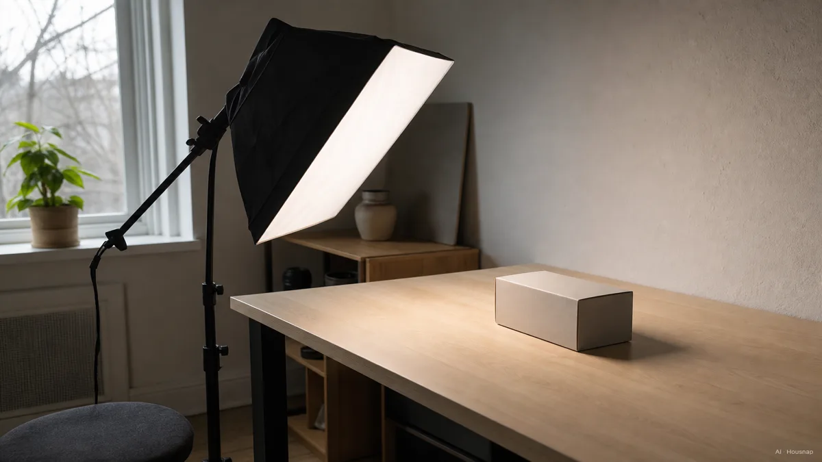 Image: a small home studio corner with a softbox on a stand angled 45 degrees toward a desk, soft directional shadow visible on a product box being photographed — AI illustration