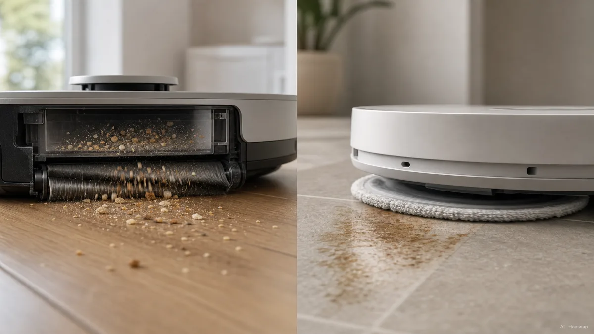 Image: Split scene showing a robot vacuum's spinning brush roller lifting dry crumbs into a dust bin on the left, and a robot mop's wet spinning pad scrubbing a stain on hard flooring on the right, clean instructional style — AI illustration