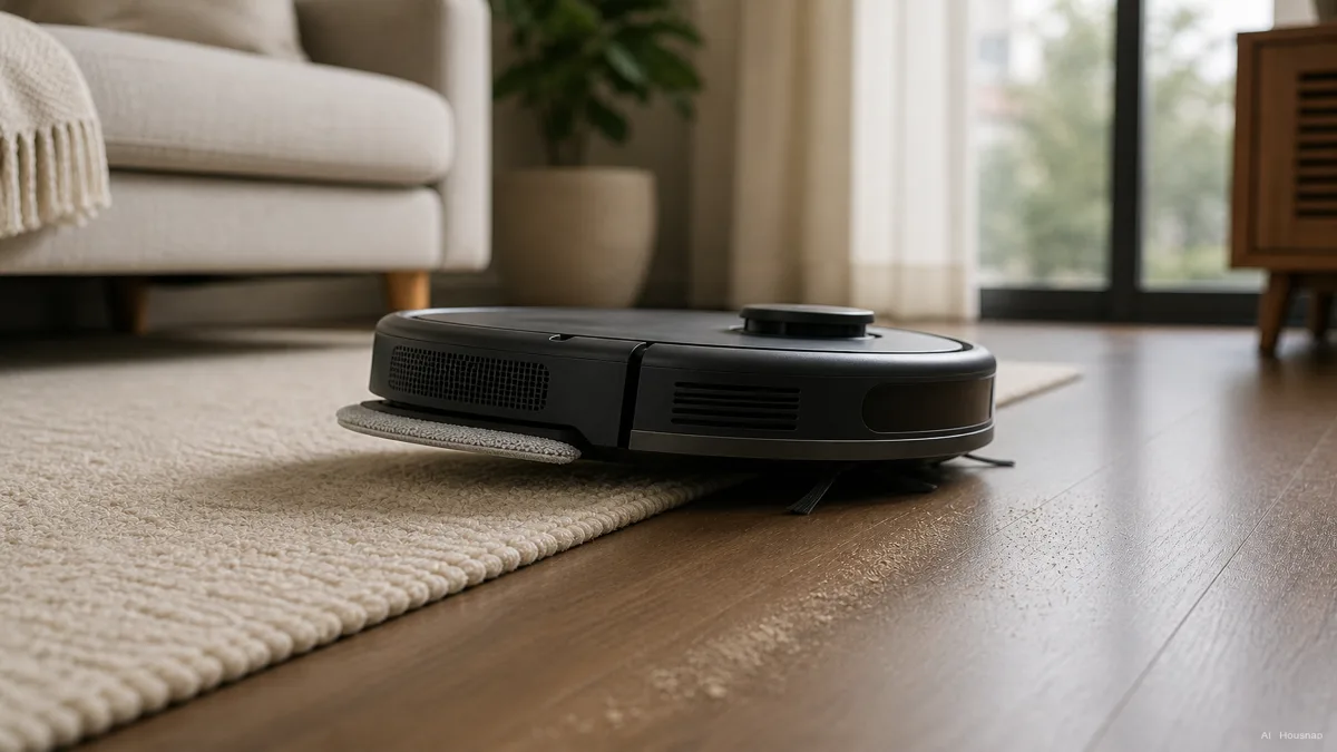 Image: A combo robot vacuum-mop pausing at the edge of a rug, its mop pad visibly lifted away from the carpet fibers while it continues vacuuming a nearby hard-floor section, warm domestic living room scene — AI illustration