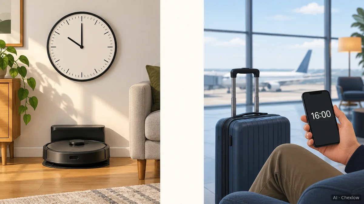 An illustrated home with a docked robot and wall clock beside a separate travel scene with a phone showing a different time