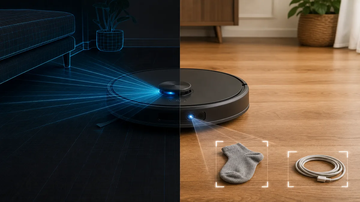 Image: Split illustration of a robot vacuum, left side emitting a fan of laser lines mapping a dark room, right side with a glowing camera eye recognizing a sock and a cable on a lit floor, clean instructional style — AI illustration