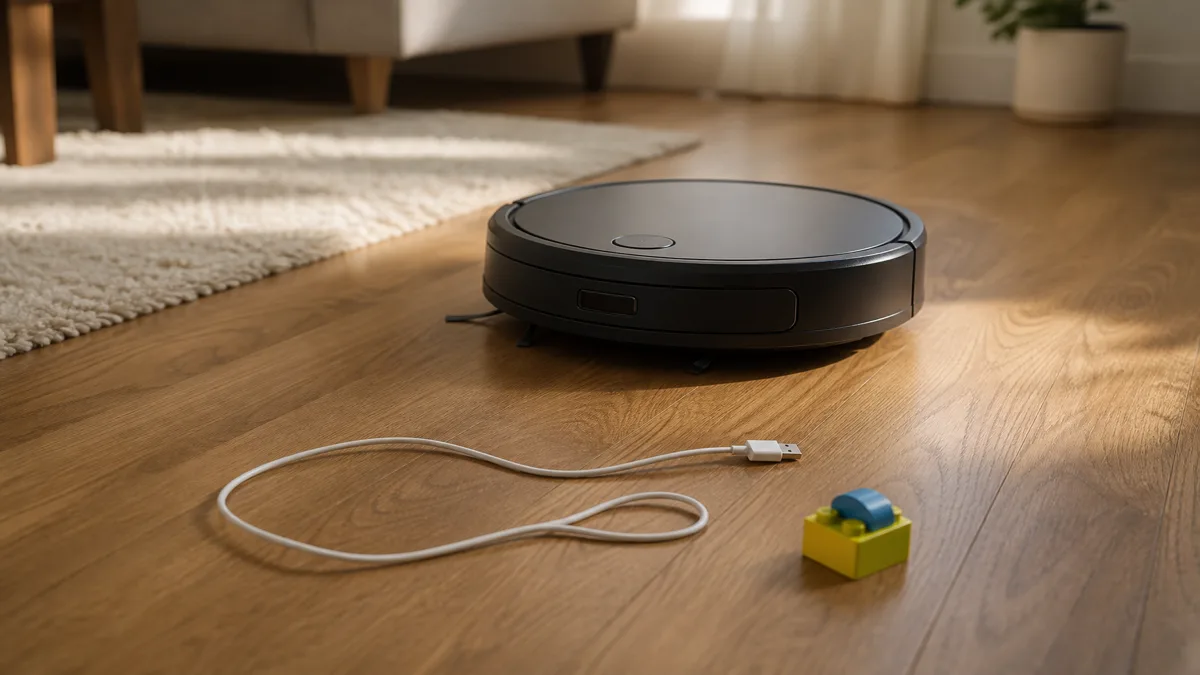 Image: A camera-navigated robot vacuum pausing in front of a charging cable and a small toy on a softly lit living room floor, gently steering around them, warm domestic scene — AI illustration