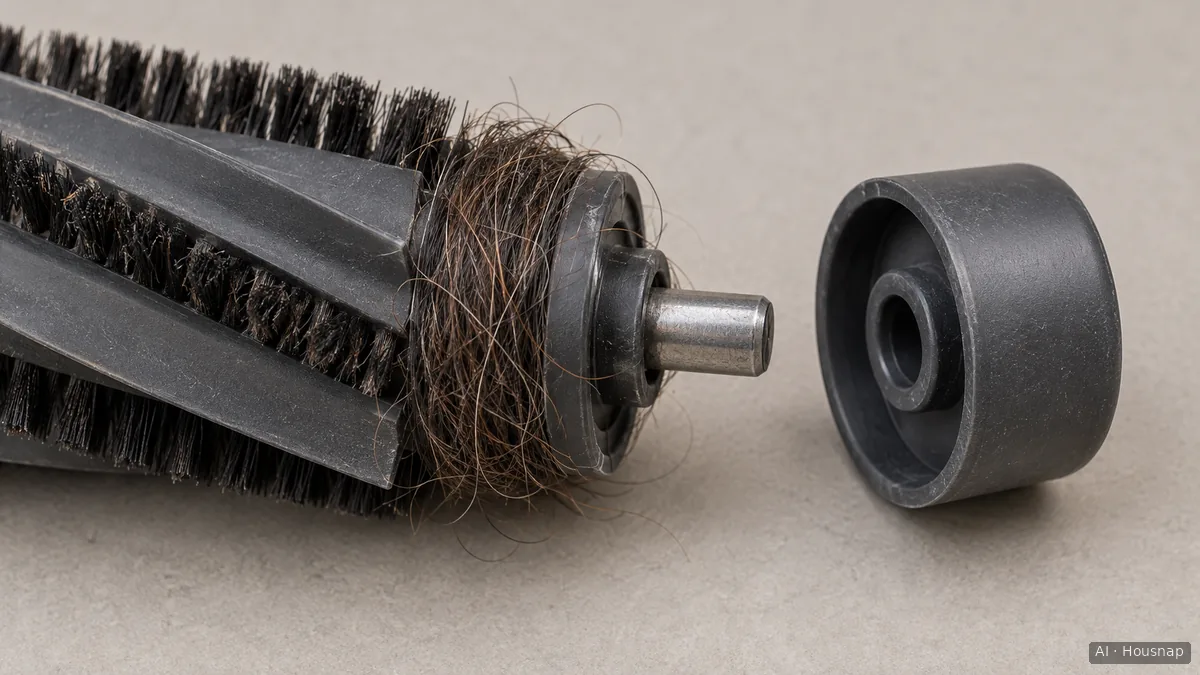 Illustration of a removed robot vacuum roller with hair around its end and a detached end cap beside it — AI illustration