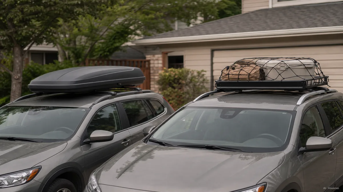 Image: a rooftop cargo box and an open roof rack basket mounted side by side on two similar cars in a driveway, the box closed and locked, the basket loaded with a cooler and a duffel bag strapped down with cargo netting — AI illustration