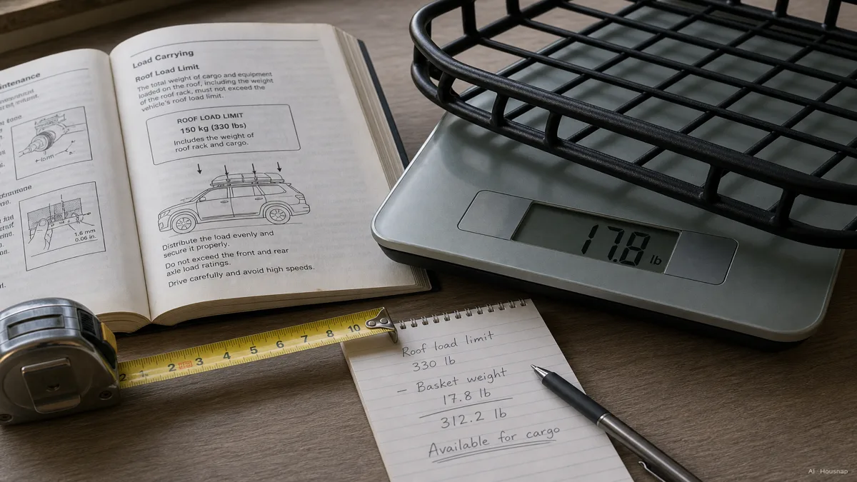Image: a close-up of a vehicle owner's manual open to the roof load rating page next to a bathroom scale weighing an empty roof basket, a tape measure and a notepad with subtraction math nearby — AI illustration