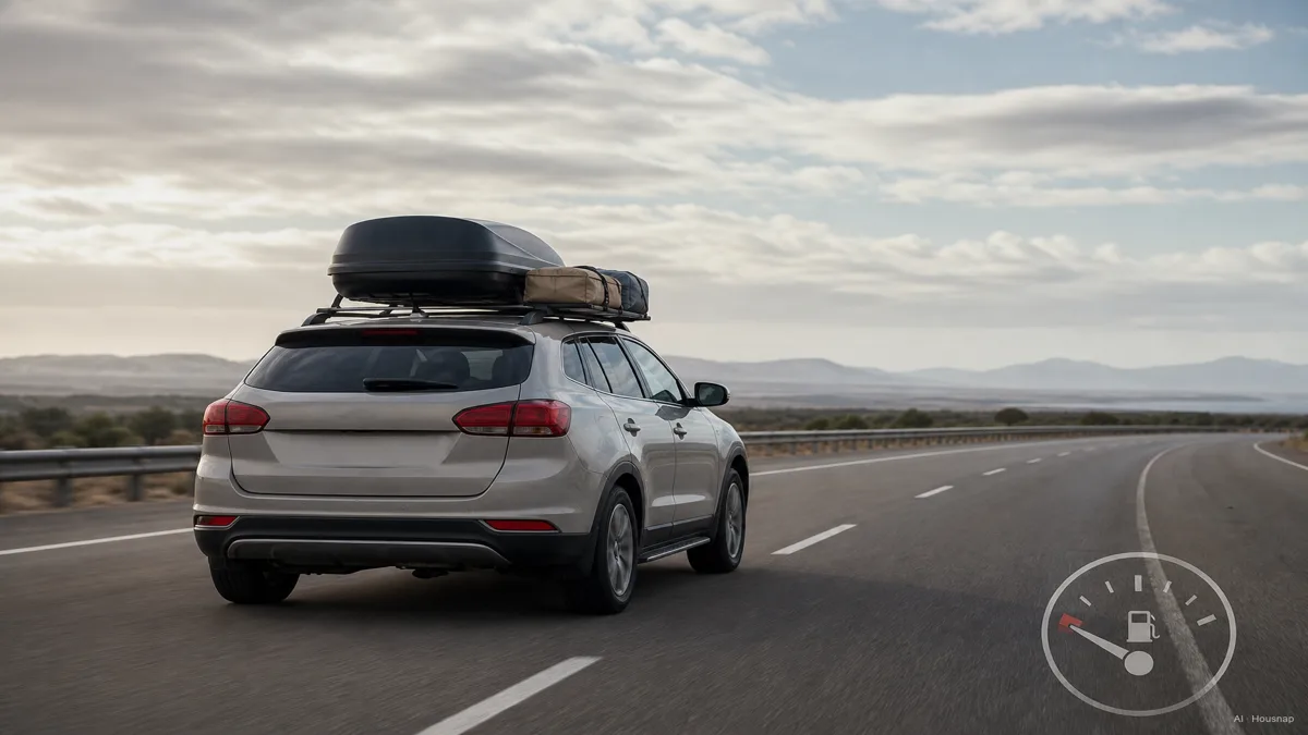 Image: a loaded car driving on a highway seen from a slight rear angle, a rooftop cargo box creating a visible wind-drag silhouette against the sky, a fuel gauge icon subtly overlaid to suggest the mileage cost — AI illustration