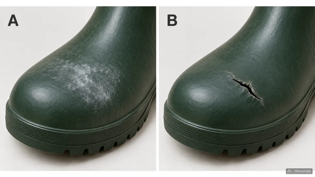 Two rubber boot toe close-ups: A has a cloudy white surface patch; B has a visibly open jagged crack. — AI illustration