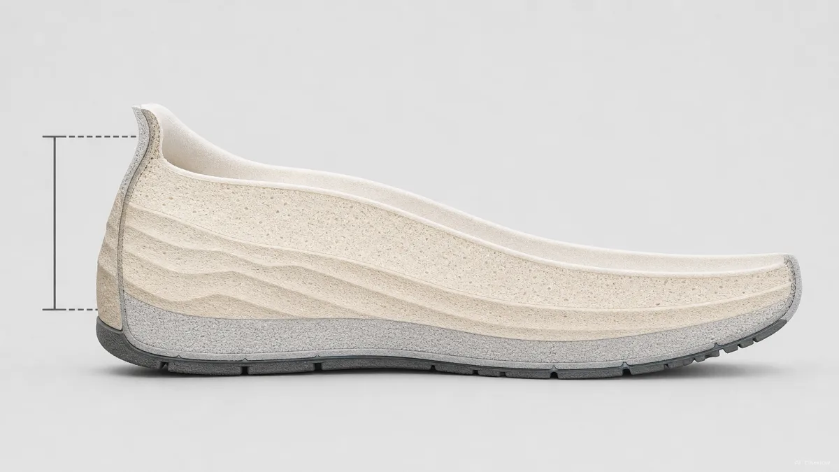 Image: side cross-section diagram of a running shoe midsole showing heel stack and forefoot stack with the drop measurement marked in millimetres, clean illustration on neutral background