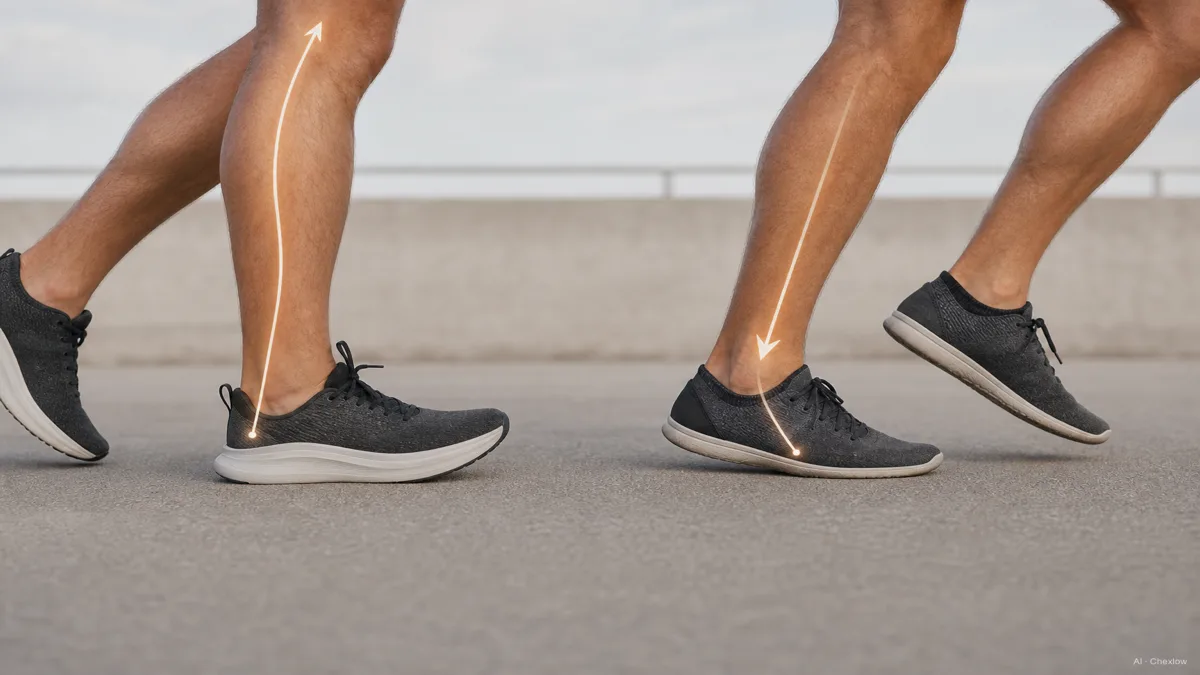 Image: two runners mid-stride seen from the side, one landing heel-first in a higher-drop shoe and one landing midfoot in a flatter shoe, arrows highlighting load on calf versus knee, editorial illustration no visible brands