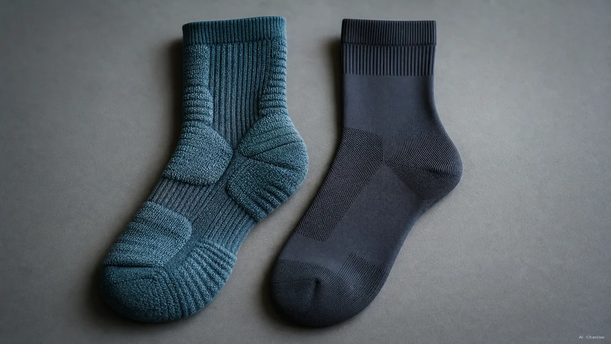 Image: Two running socks laid flat side by side, one visibly cushioned and textured, one smooth and snug-fitting, plain background