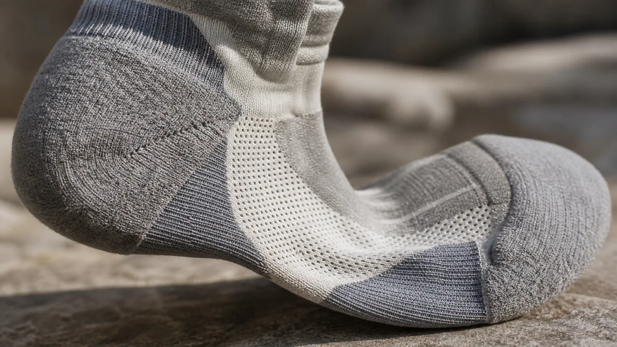 Image: Close-up of a running sock's zoned padding at the heel and forefoot, held up to show the different thickness zones, natural light