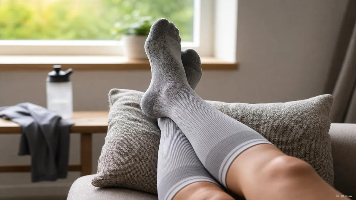 Image: A pair of graduated compression socks being worn while resting, feet elevated on a cushion, calm indoor setting after a run