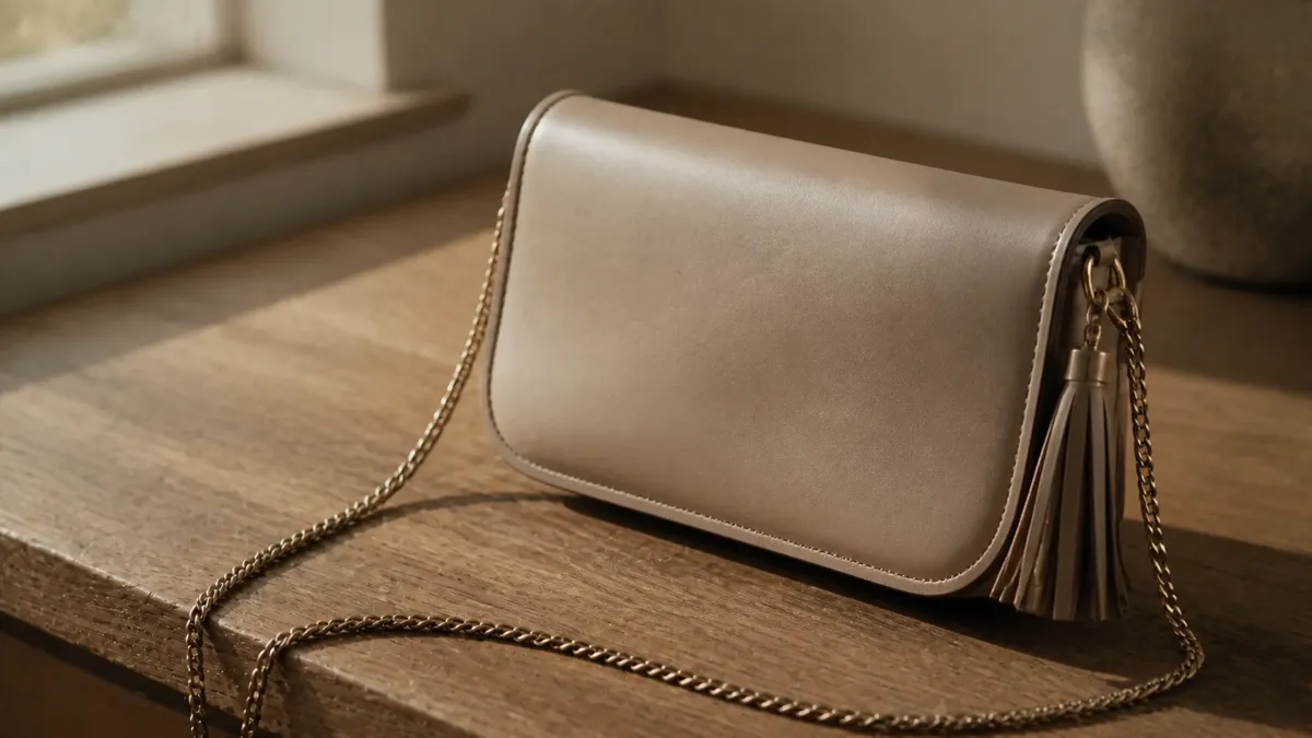 Primo piano di una borsa a spalla sottile in stile Saint Laurent in pelle liscia, con tracolla a catena fine e nappina su rovere opaco (illustrazione generata dall'AI)