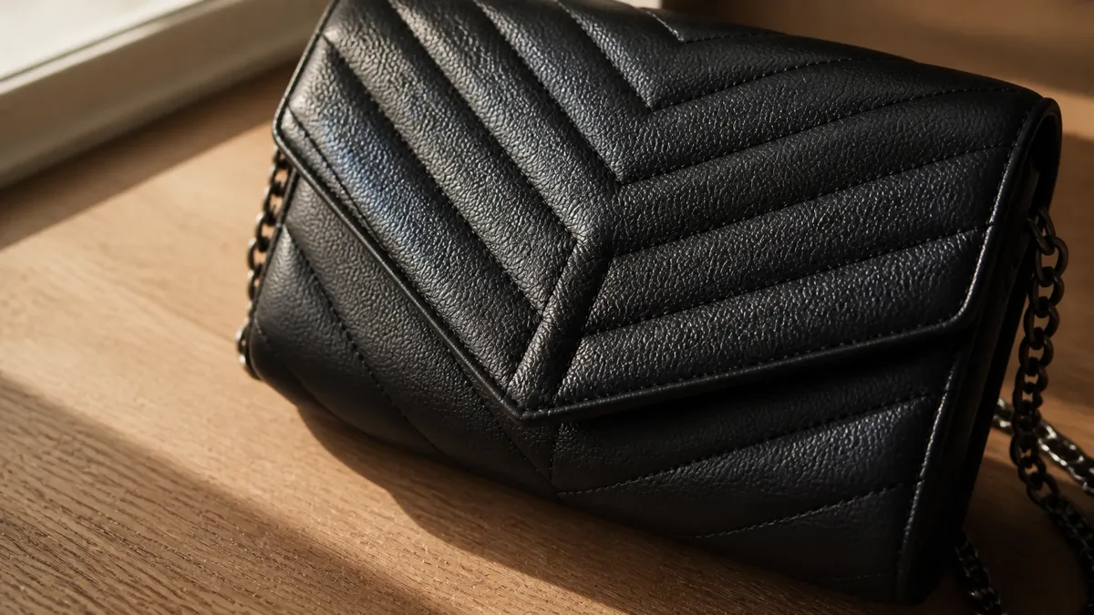 Primo piano di una borsa a spalla nera in stile Saint Laurent con pelle trapuntata a chevron a Y e tracolla a catena su rovere opaco (illustrazione generata dall'AI)