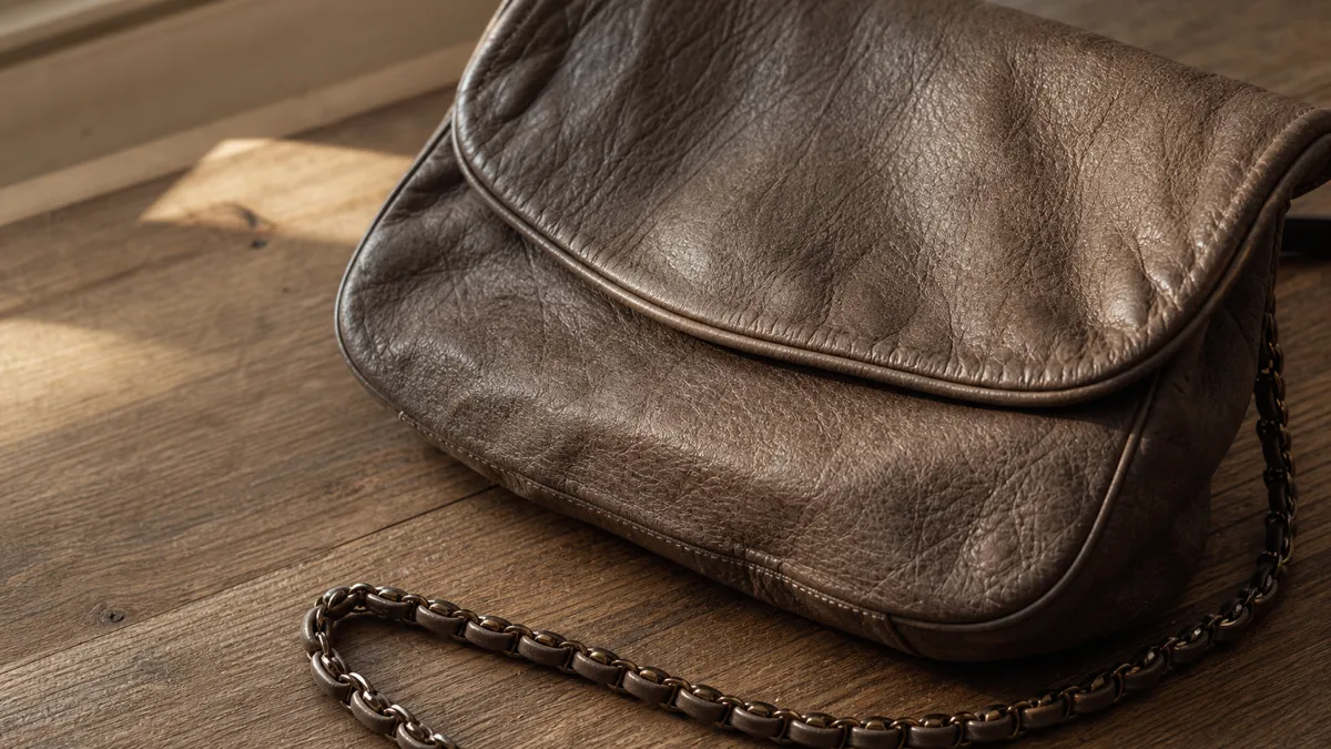 Primo piano di una borsa a spalla con patta in stile Saint Laurent, in pelle increspata lavata vintage con tracolla catena e pelle su rovere opaco (illustrazione generata dall'AI)