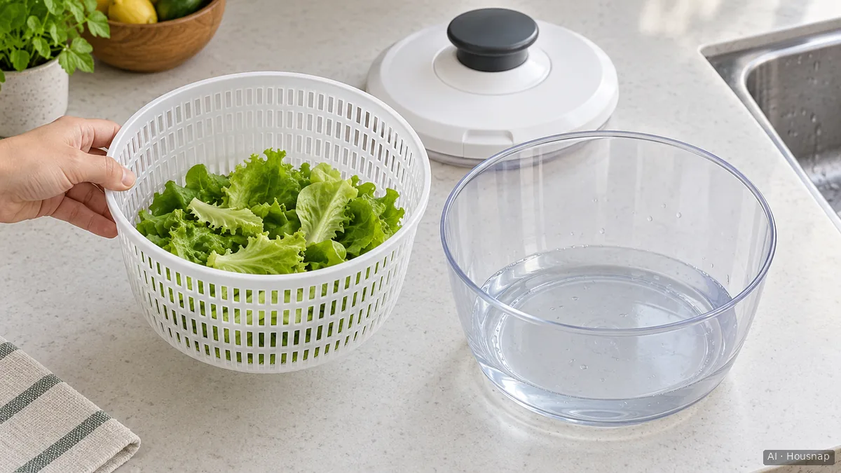 A lifted salad-spinner basket holding a loose batch of leaves beside its outer bowl with collected water, with the intact lid resting nearby. — AI illustration