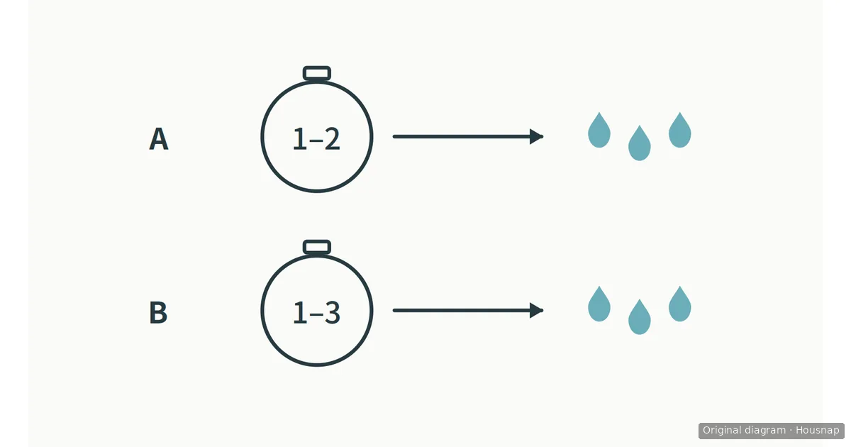 A comparison diagram with two separate rows, A and B, each showing a numbered timer and an arrow toward rinse-water droplets.