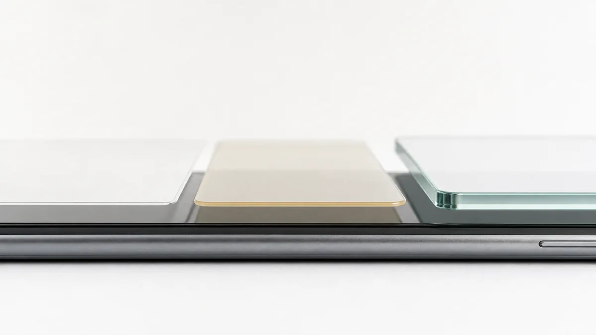 Image: a clean cross-section illustration showing three layers side by side, a thin flexible PET film, a flexible TPU film, and a thicker rigid tempered glass sheet over a phone screen, technical infographic style — KI-Illustration
