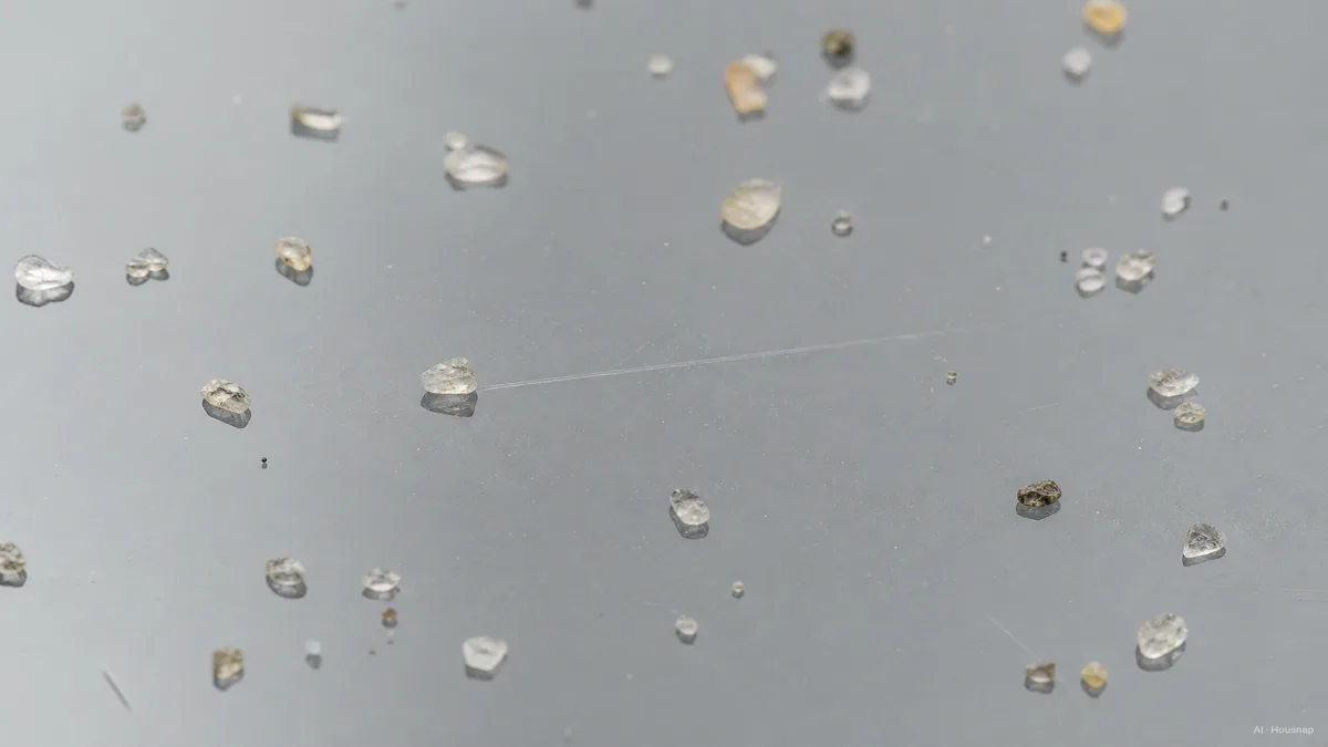 Image: a phone screen protector with a small scattering of sand grains on it, one grain mid-scratch leaving a faint line, macro close-up, showing real-world scratch risk — KI-Illustration