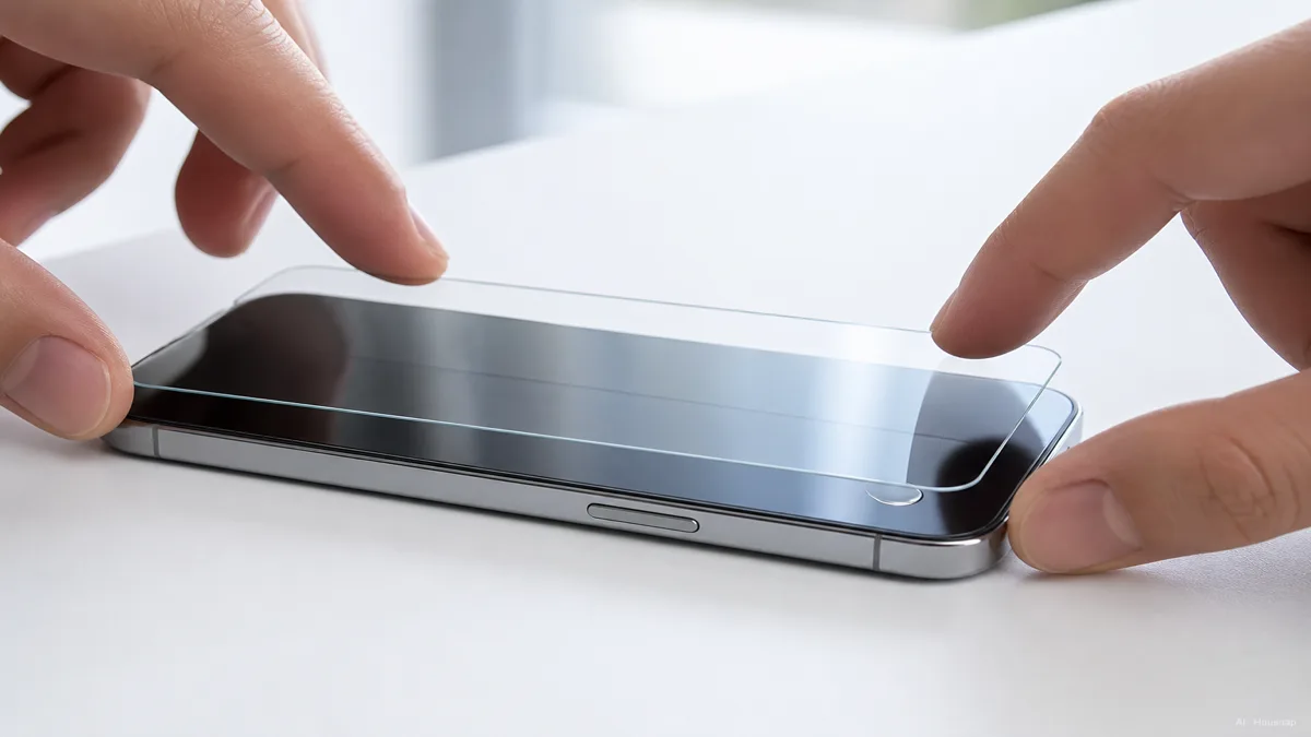 Image: two hands applying a tempered glass protector to a phone, the glass dropping flat and a bubble visibly pushing toward the edge, soft natural light, clean desk — KI-Illustration