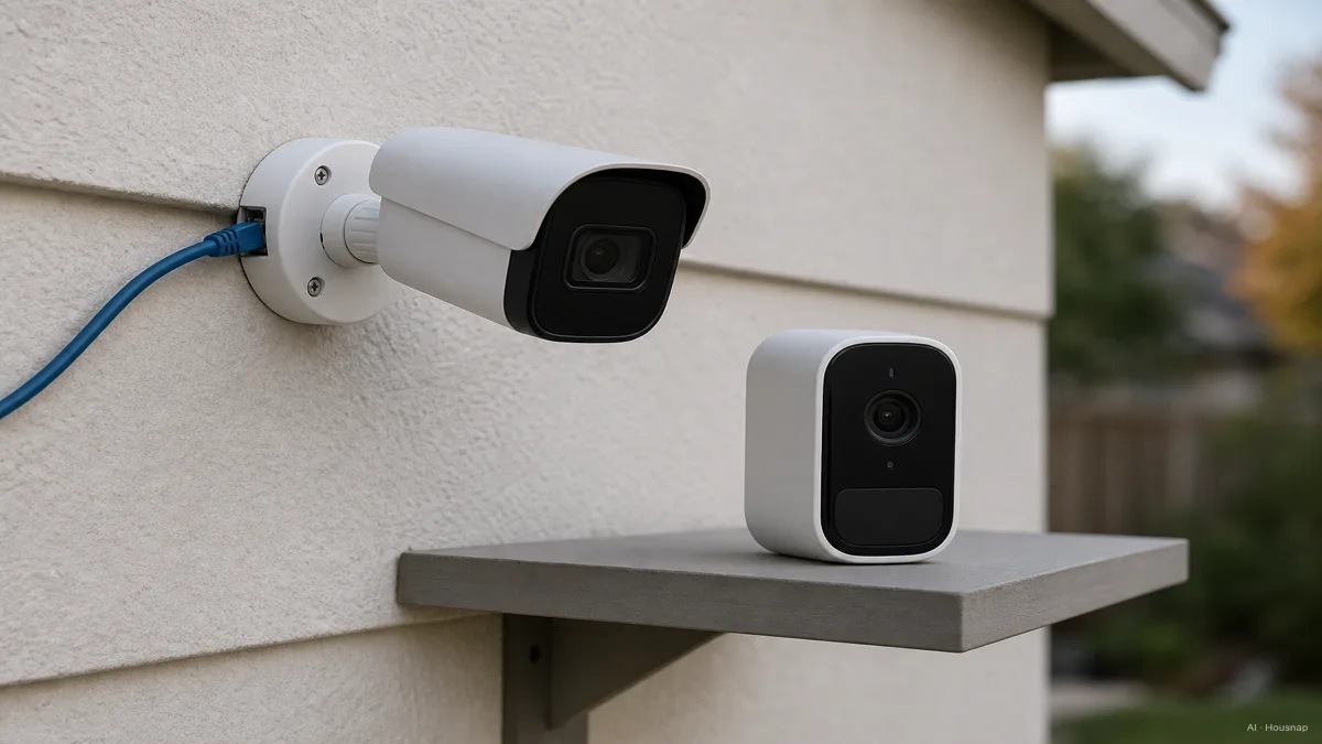 Image: a wired PoE security camera mounted on an exterior wall with a visible Ethernet cable running to it, next to a compact battery-powered camera with no cable sitting on a shelf — AI illustration