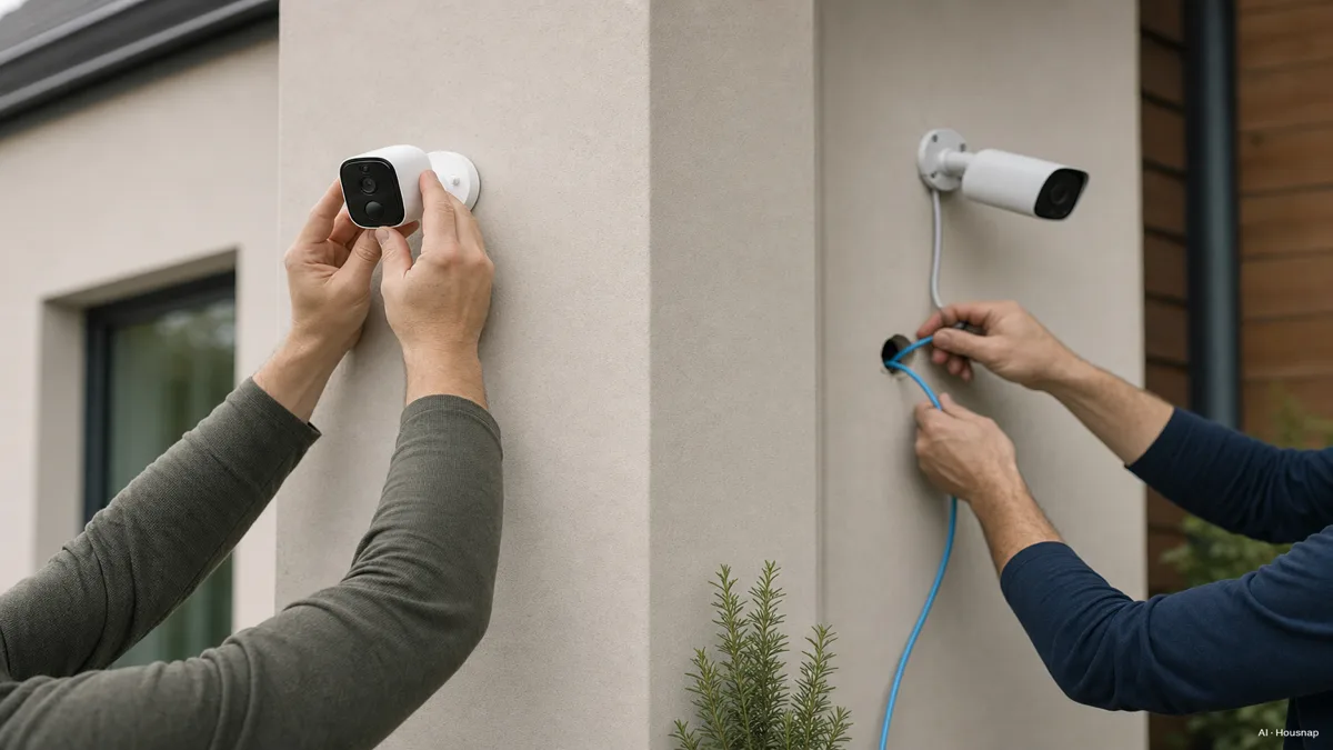 Image: a person mounting a small battery security camera on an exterior wall in under five minutes, no tools or cables visible, contrasted with an installer running an Ethernet cable through a wall for a PoE camera — AI illustration