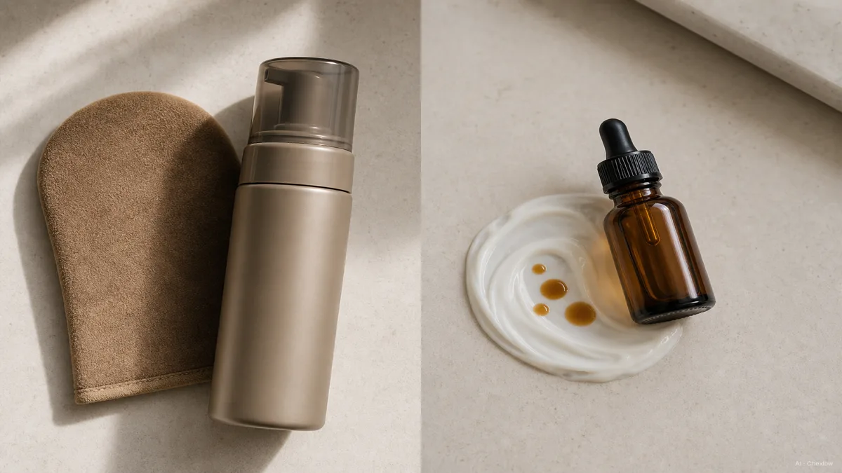 Image: Split flat-lay showing a can of tanning mousse with a tanning mitt on one side, and a small amber dropper bottle with a few drops on a swirl of white moisturizer on the other side, soft neutral bathroom counter, no visible brand marks