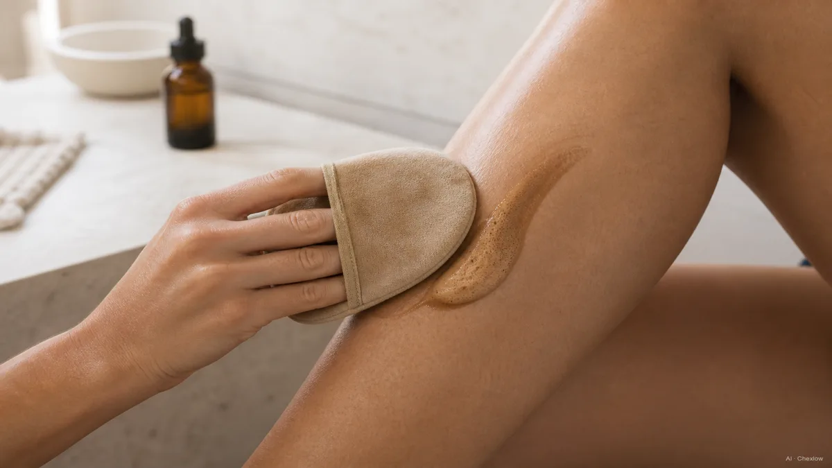 Image: A person's hand using a tanning mitt to blend self-tanning mousse onto their leg in soft bathroom light, a small dropper bottle resting nearby on the counter, no visible brand marks