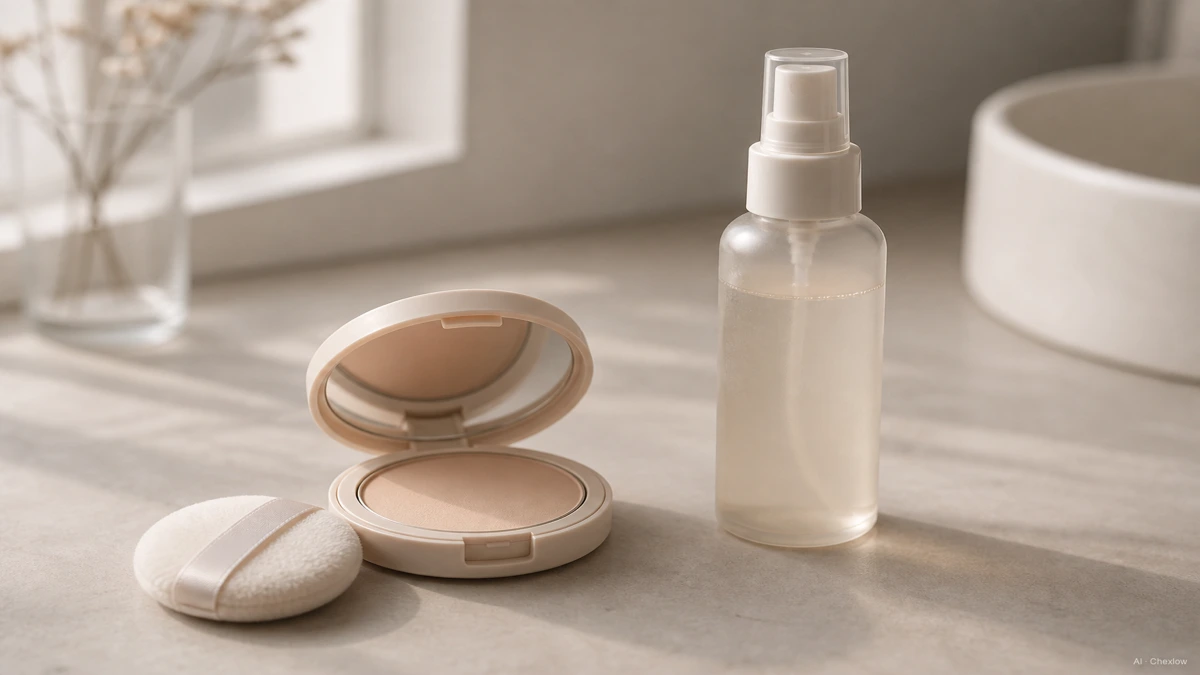 Image: A small pressed setting powder compact with its puff resting beside a fine-mist setting spray bottle, both on a clean neutral vanity surface, soft natural light, no visible brand marks