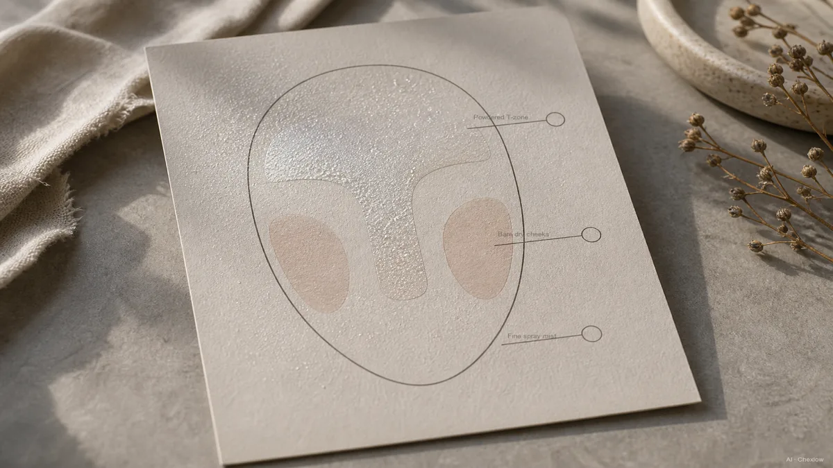 Image: Three small labeled zones on a neutral face diagram-style card showing an oily T-zone dusted lightly with powder, dry cheeks left bare, and a fine spray mist over the whole face, soft studio light, no brand marks