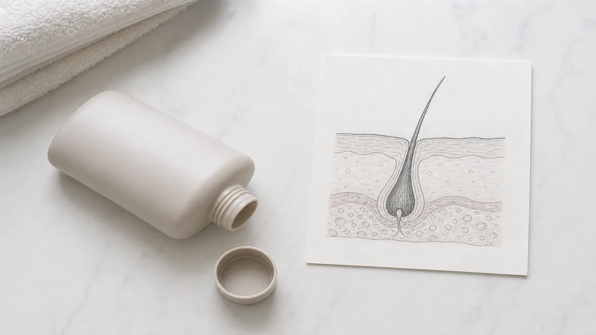 Image: A flat-lay of an open shampoo bottle beside a simple cross-section illustration of scalp and a single hair strand, soft daylight, clean bathroom counter, no brand marks