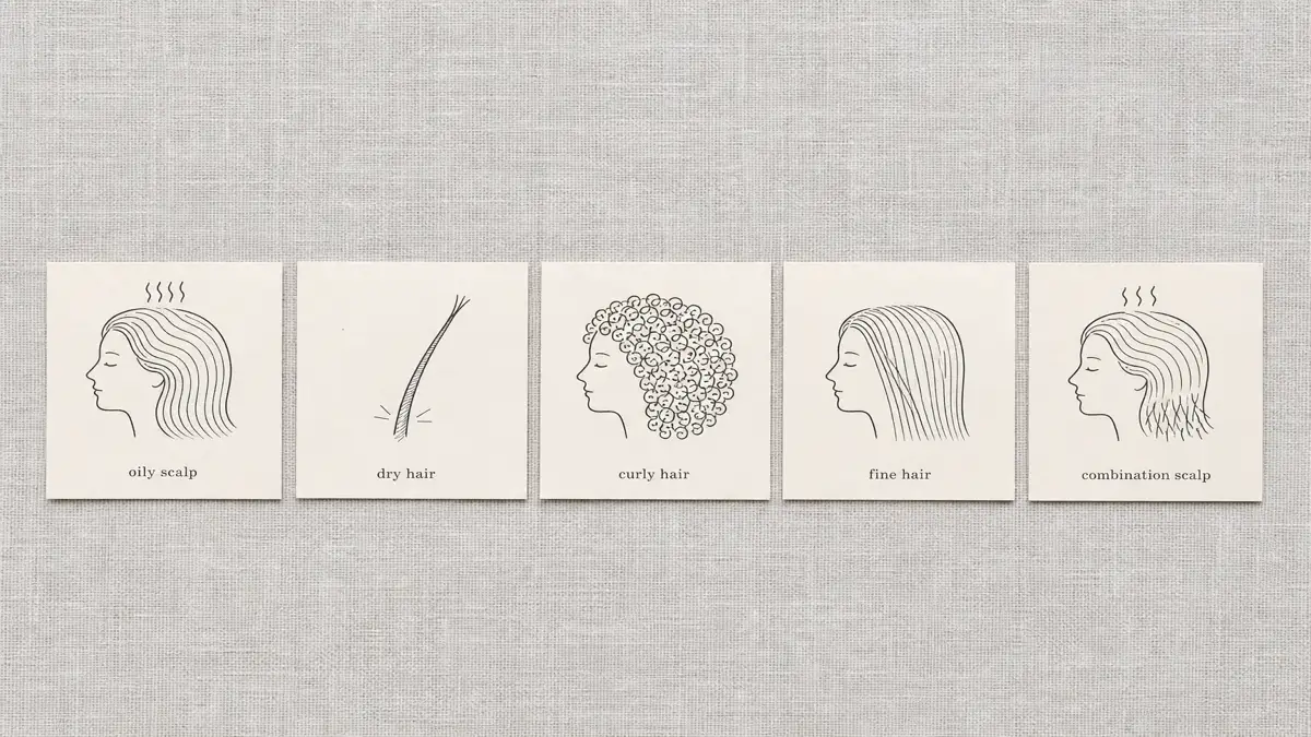Image: Five small labeled vignettes in a row representing oily scalp, dry hair, curly hair, fine hair, and combination scalp, illustrated icons not photos, calm neutral palette, no brand marks