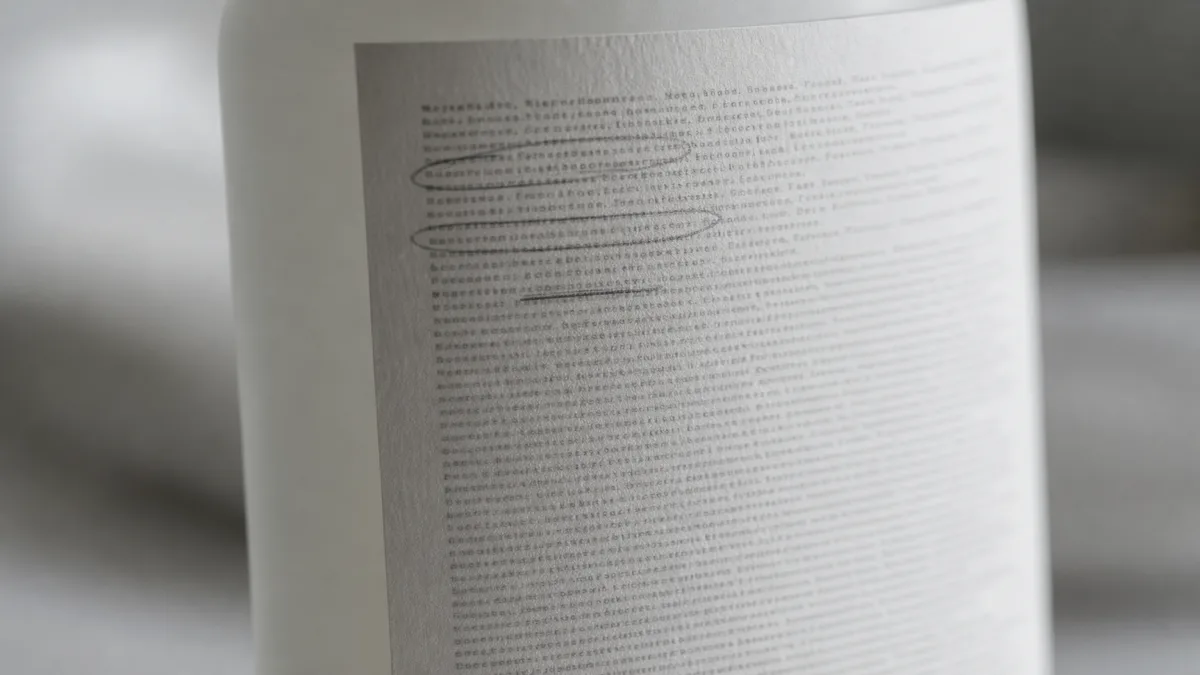 Image: A close-up of a shampoo bottle's ingredient list with a few key terms gently highlighted, soft focus, neutral lighting, no readable brand name