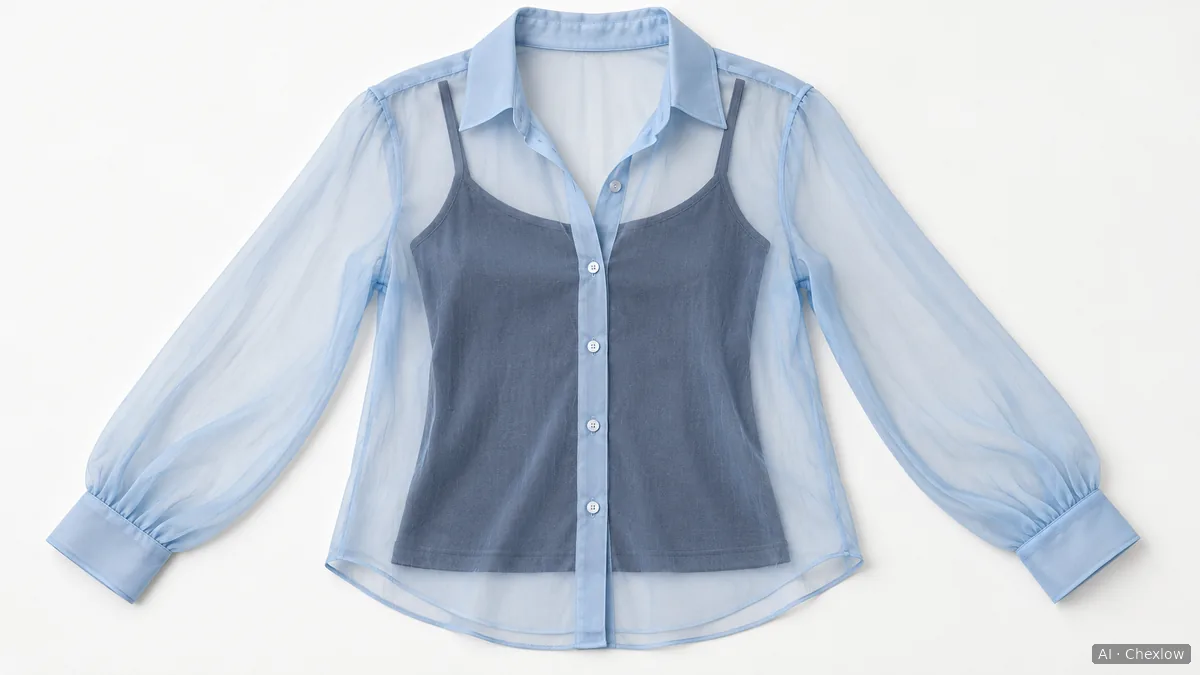 A pale blue sheer long-sleeved blouse laid over a dark sleeveless camisole, with the camisole neckline visible through the front and the sleeves extending beyond the inner layer.