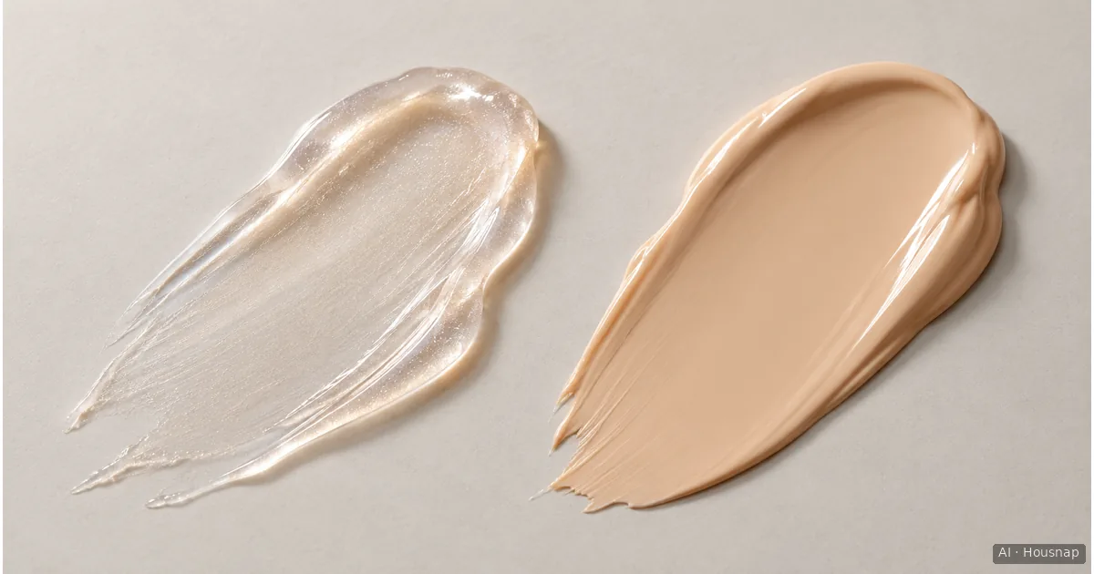 Two illustrative cosmetic swatches, a translucent pearly smear on the left and an opaque beige smear with a soft sheen on the right — AI illustration