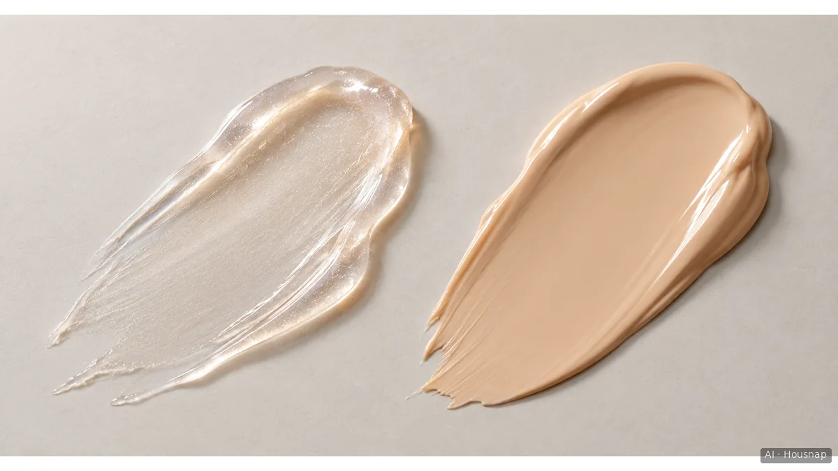 Two illustrative cosmetic swatches, a translucent pearly smear on the left and an opaque beige smear with a soft sheen on the right — AI illustration