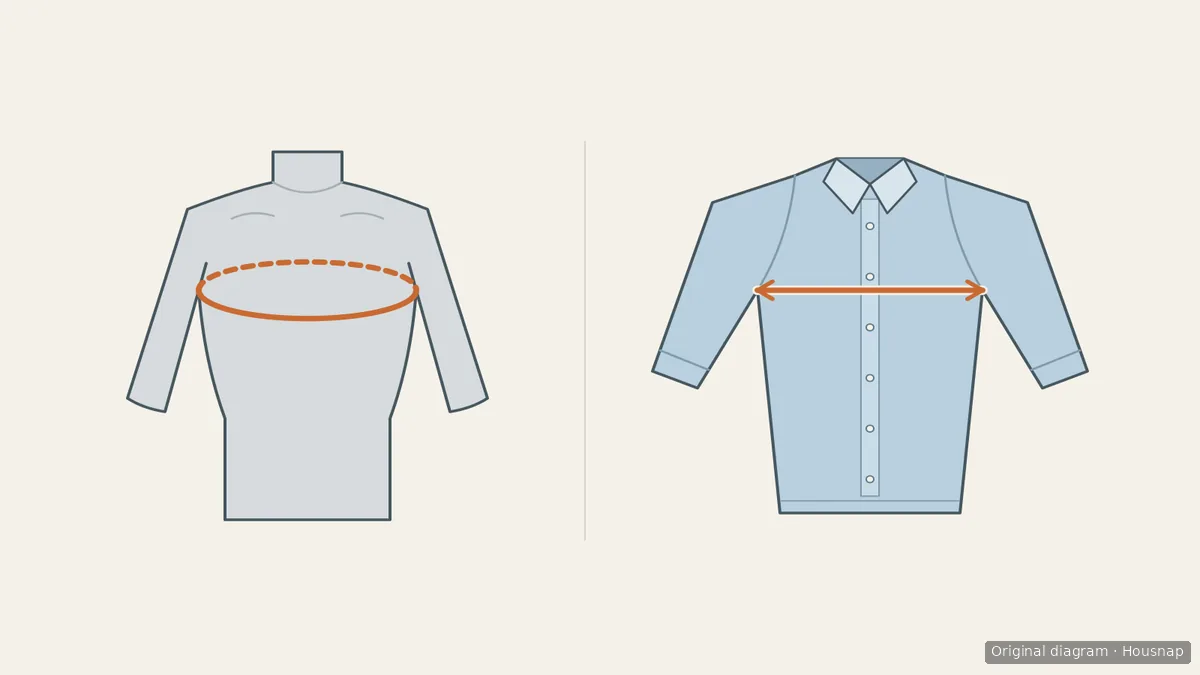 Two-panel diagram showing a tape around a torso’s chest and a straight measuring line across a flat shirt between the armpits