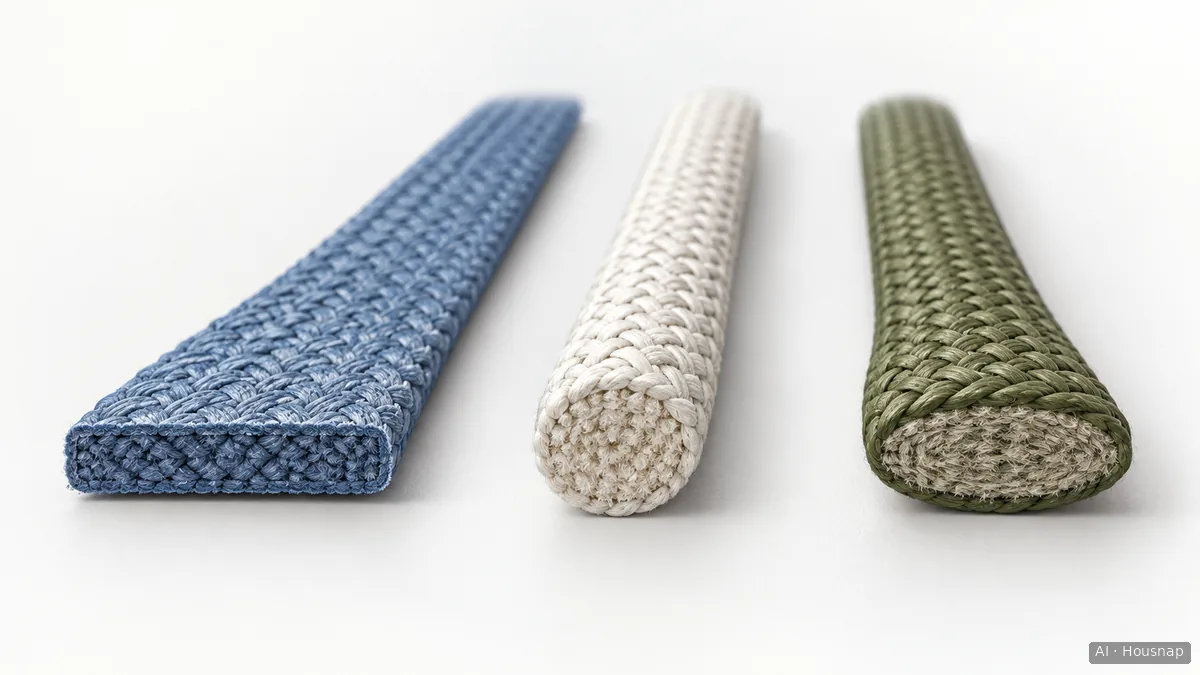 Three enlarged lace samples arranged left to right: flat, round and oval, with their end profiles visible. — AI illustration