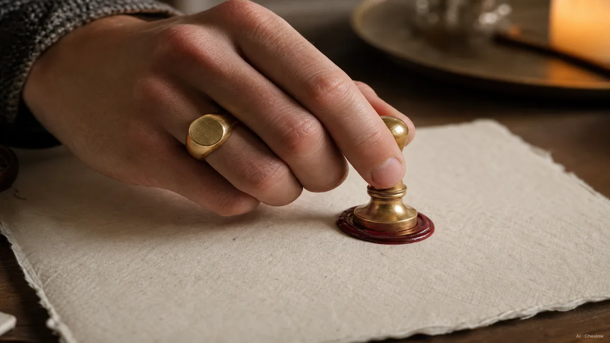 Image: a hand wearing a gold signet ring pressing a wax seal impression on paper, warm candlelight, close-up, no other text visible