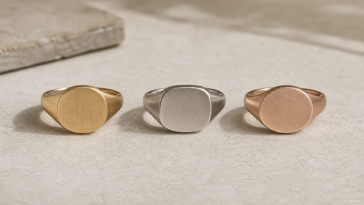 Image: three signet ring face shapes, oval, cushion, and round, laid out side by side on a neutral surface for comparison, soft studio light