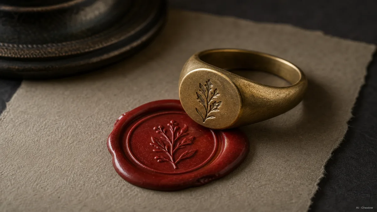 Image: a close-up of a signet ring being pressed into a wax seal, showing the raised intaglio impression left behind, warm low light