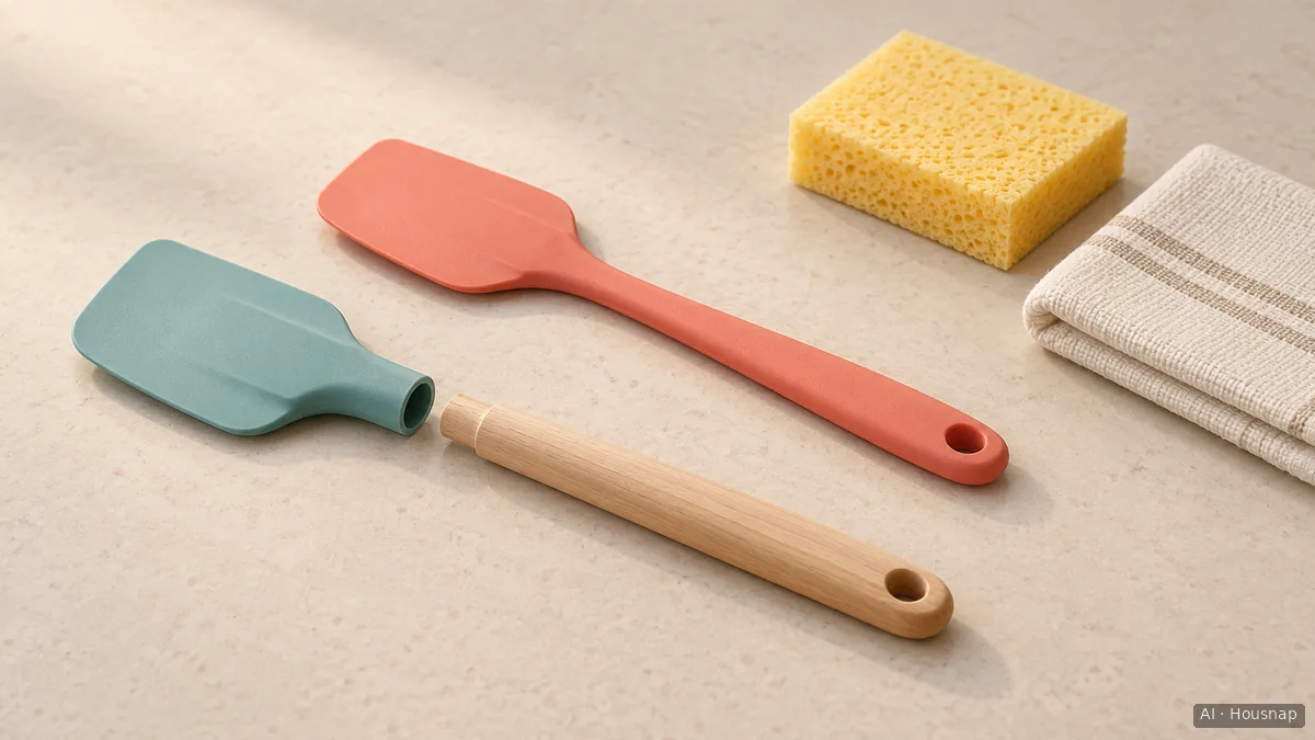 A detachable silicone spatula head beside its separate wooden handle, with a one-piece spatula, soft sponge and drying cloth on a kitchen counter — AI illustration