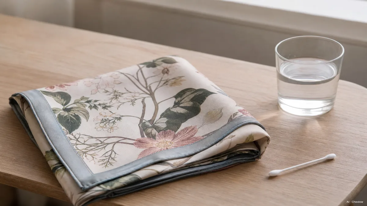 Image: a folded printed silk scarf laid on a light wood table next to a small white cotton swab and a glass of water, soft natural light, no branding visible (AI generated illustration)