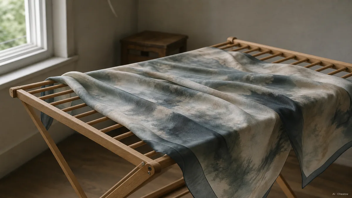 Image: a silk scarf draped flat over a wooden drying rack in a shaded room, soft indirect light through a window, no direct sun on the fabric (AI generated illustration)